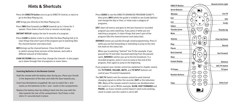 Inside front cover, Hints & shortcuts | DirecTV Digital Satellite Recorder User Manual | Page 2 / 176