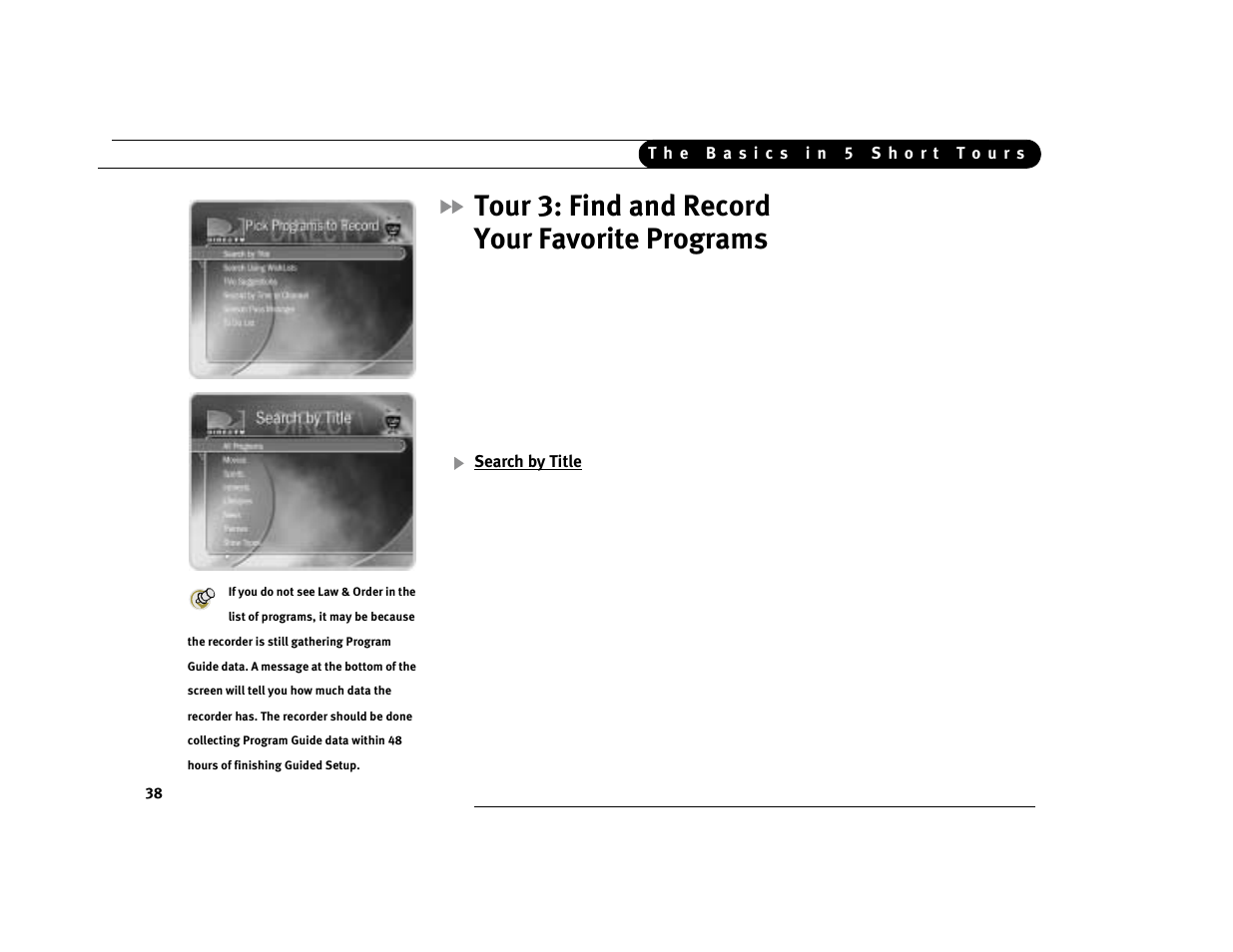 Tour 3: find and record your favorite programs, Search by title | DirecTV Digital Satellite Recorder User Manual | Page 49 / 176