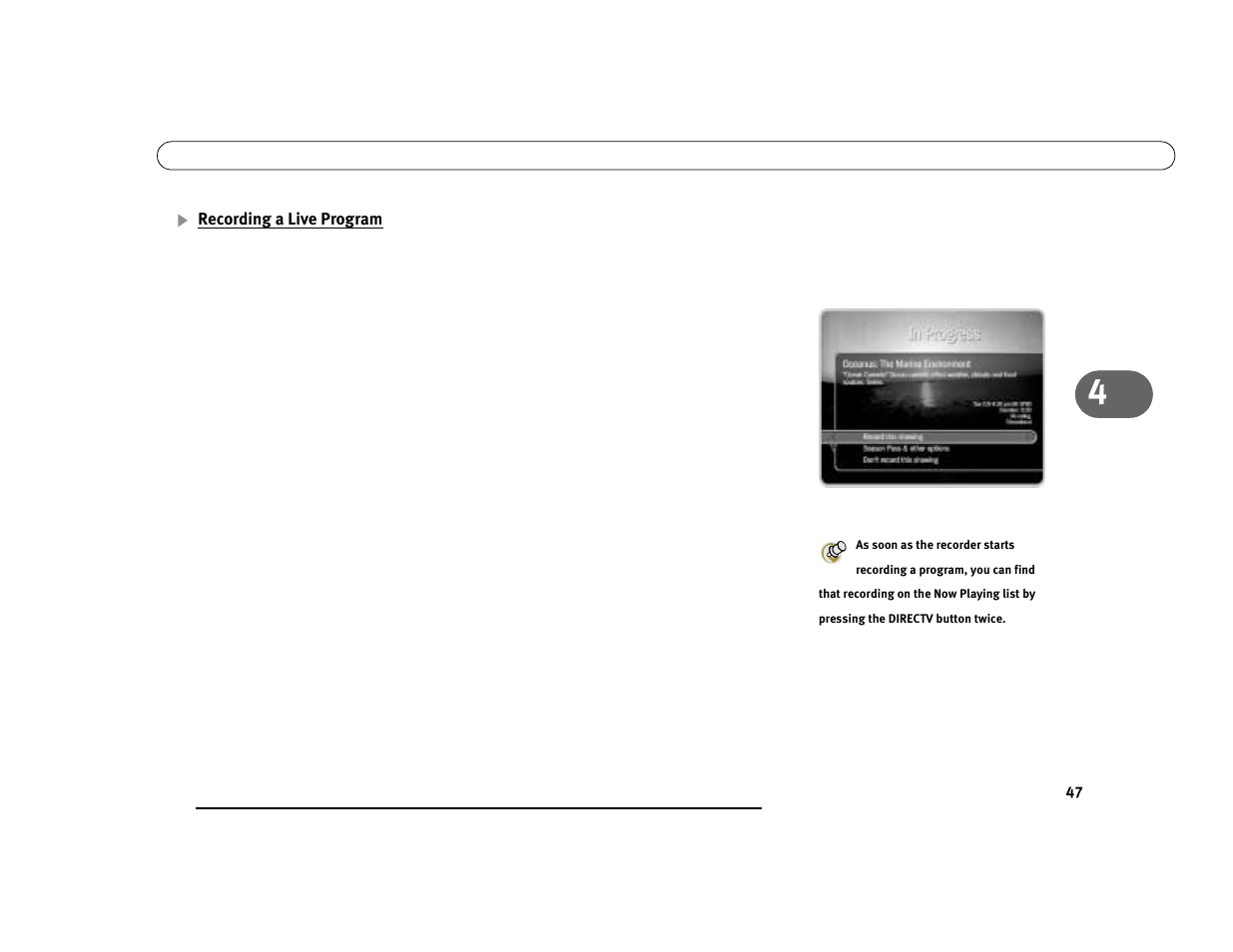 Recording a live program | DirecTV Digital Satellite Recorder User Manual | Page 58 / 176