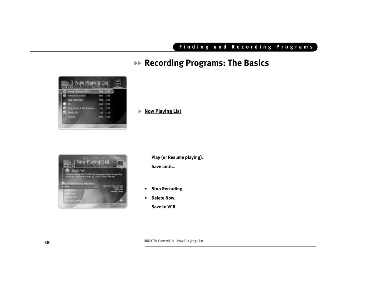 Recording programs: the basics, Now playing list | DirecTV Digital Satellite Recorder User Manual | Page 69 / 176