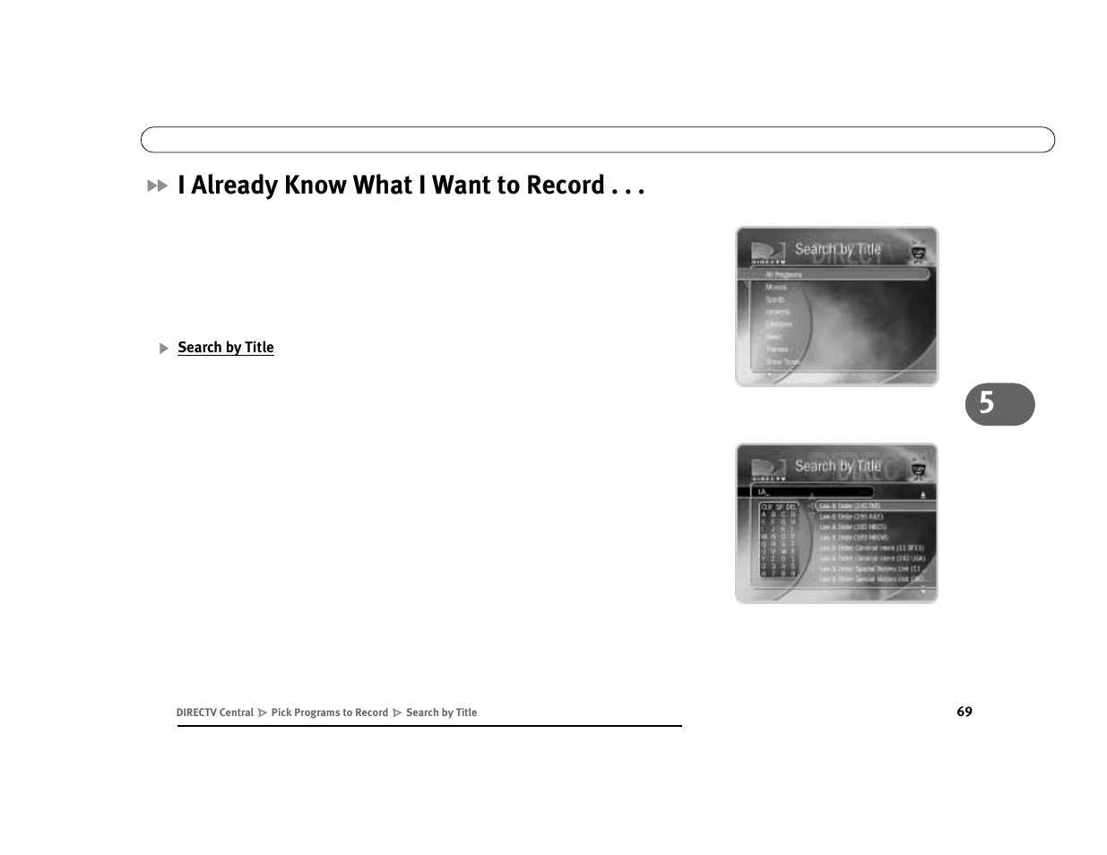 I already know what i want to record, Search by title | DirecTV Digital Satellite Recorder User Manual | Page 80 / 176