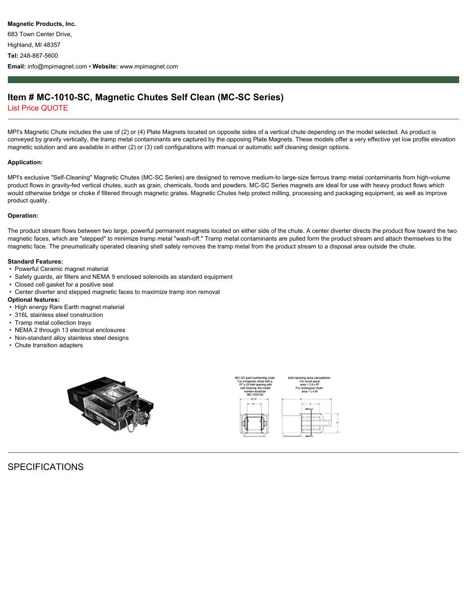 Magnetic Products MC-1010-SC User Manual | 2 pages