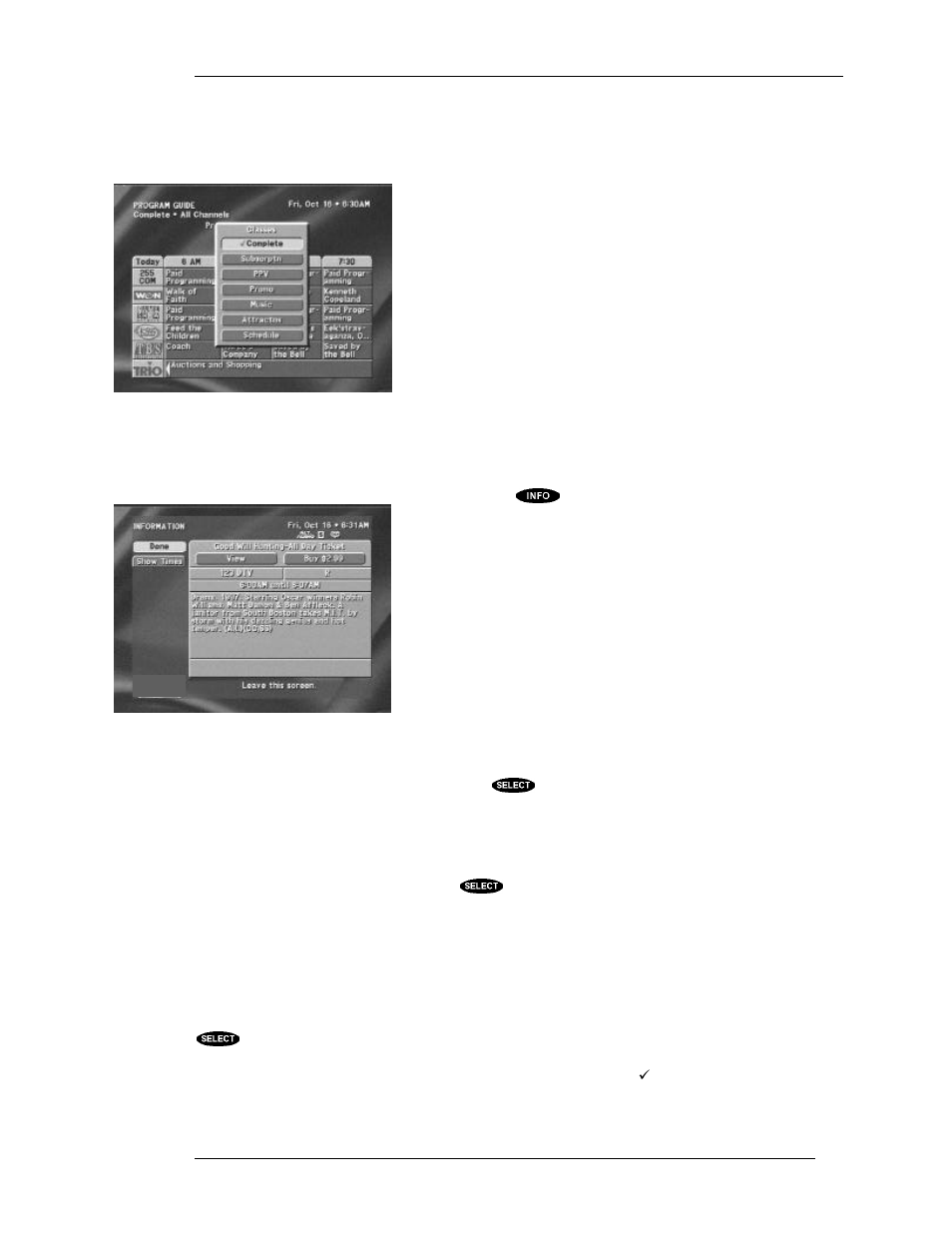 The information screen, Class filters, Done | View, Preselect | DirecTV HIRD-D11 User Manual | Page 49 / 74