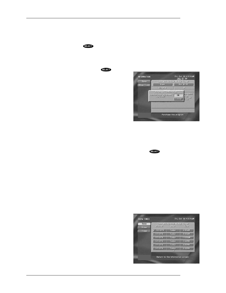 Cancel preselect, Buy options, Cancel purchase | Show times | DirecTV HIRD-D11 User Manual | Page 50 / 74