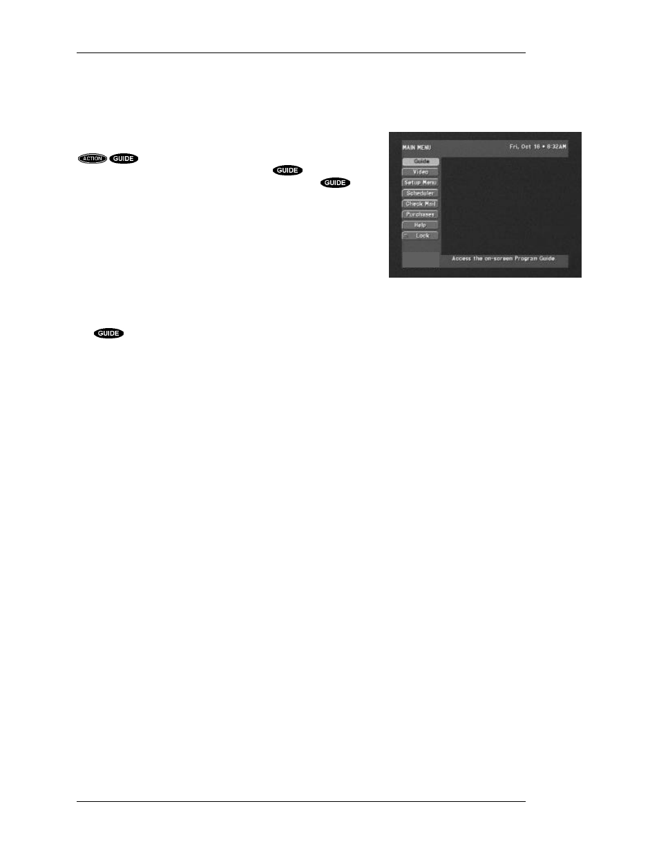 Main menu, Places to go from the main menu, Setup | Scheduler, Check mail, Purchases, Help, Lock/unlock | DirecTV HIRD-D11 User Manual | Page 52 / 74