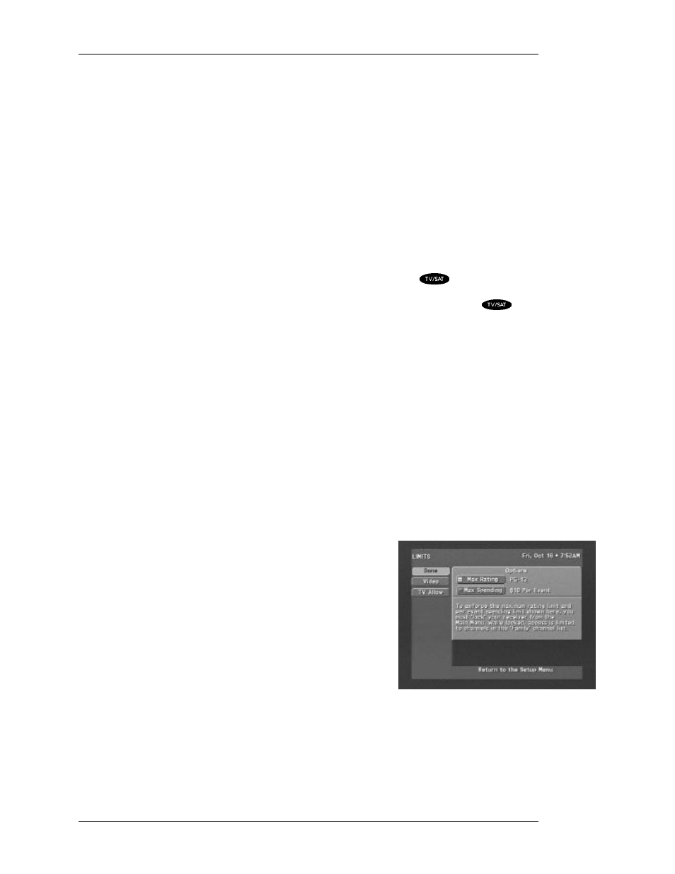 Limits, Screen ratio, Channel lock | Input key, Demo mode, Factory defaults | DirecTV HIRD-D11 User Manual | Page 60 / 74