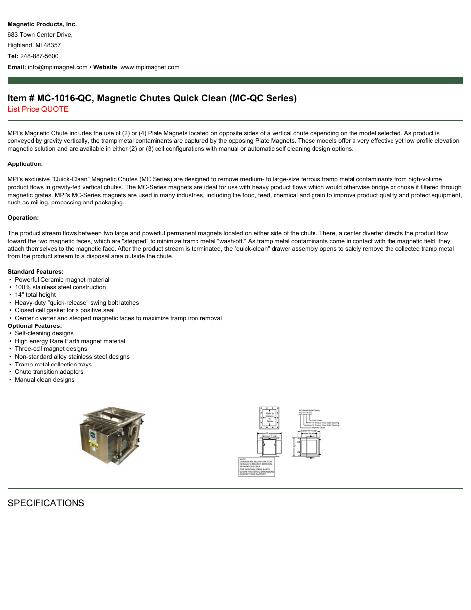 Magnetic Products MC-1016-QC User Manual | 2 pages