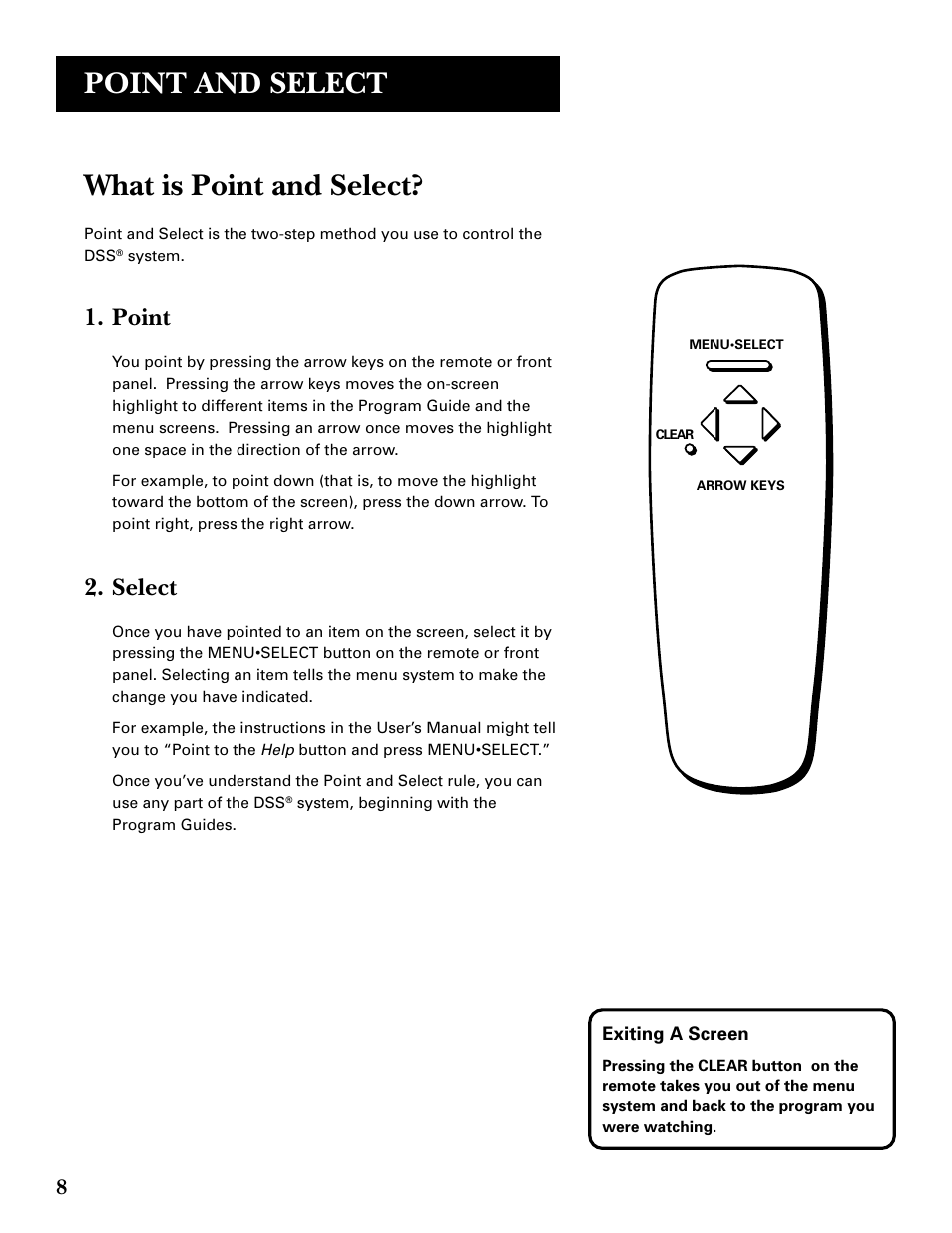 What is point and select, Point and select, Point | Select | DirecTV GRD33G2A User Manual | Page 10 / 64