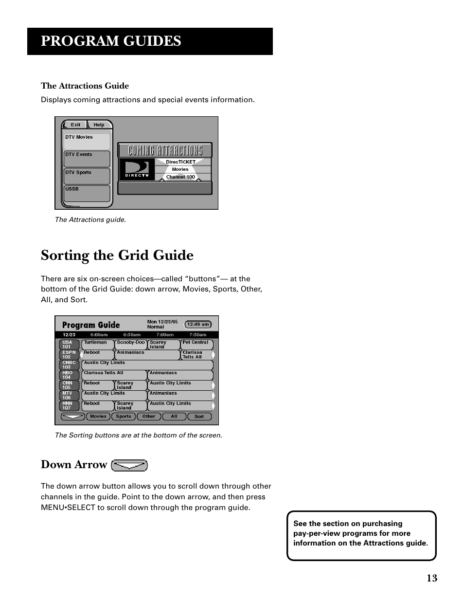 Sorting the grid guide, Program guides, Down arrow | DirecTV GRD33G2A User Manual | Page 15 / 64