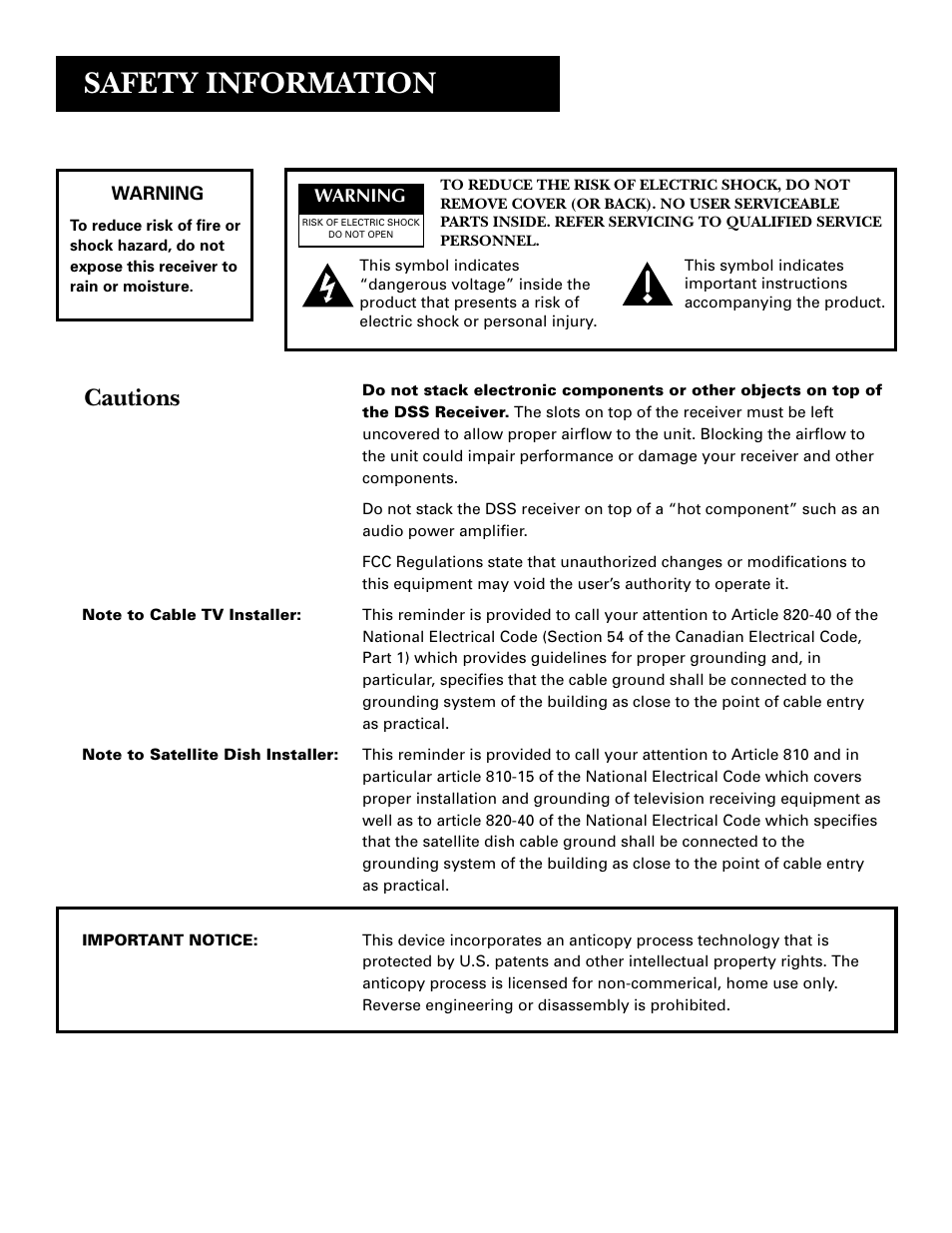 Safety information, Cautions | DirecTV GRD33G2A User Manual | Page 2 / 64