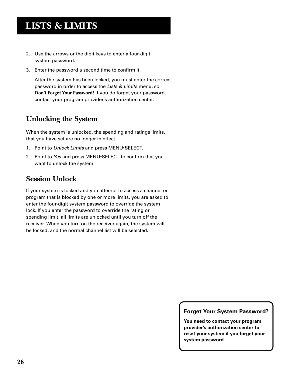 Unlocking the system, Session unlock, Lists & limits | DirecTV GRD33G2A User Manual | Page 28 / 64