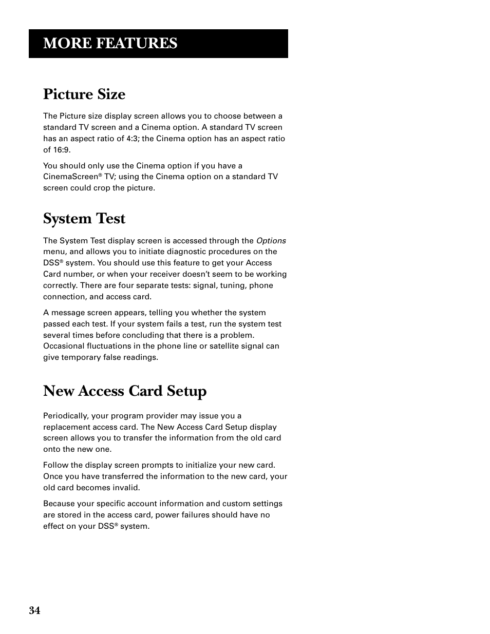 Picture size, System test, New access card setup | More features | DirecTV GRD33G2A User Manual | Page 36 / 64