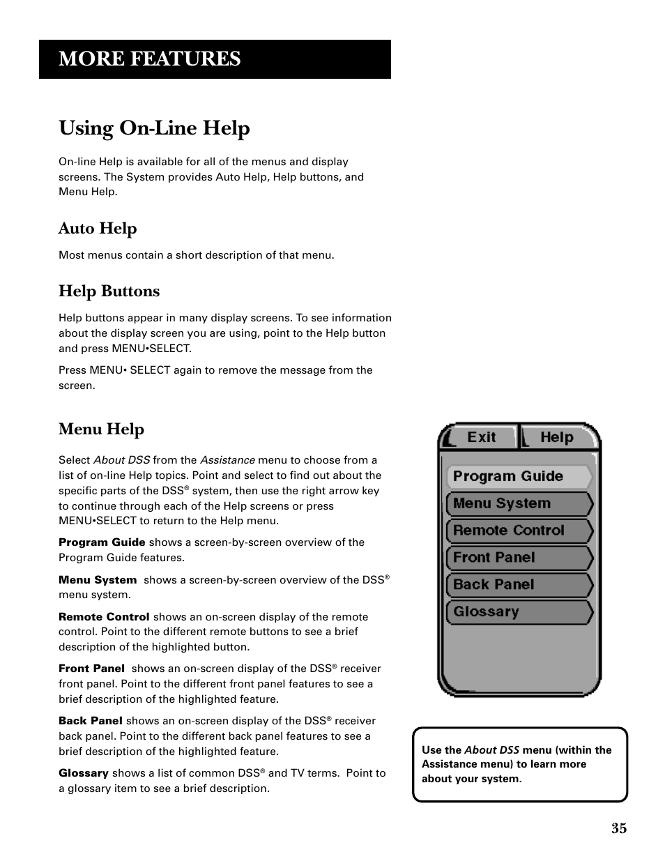 Using on-line help, More features, Auto help | Help buttons, Menu help | DirecTV GRD33G2A User Manual | Page 37 / 64