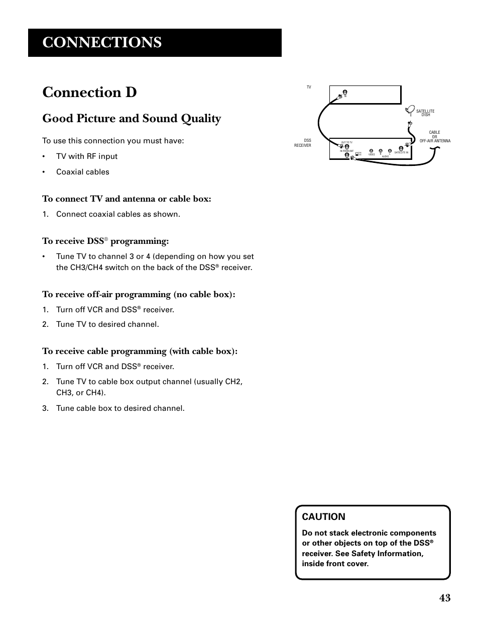 Connections, Connection d, Good picture and sound quality | Programming, Caution | DirecTV GRD33G2A User Manual | Page 45 / 64
