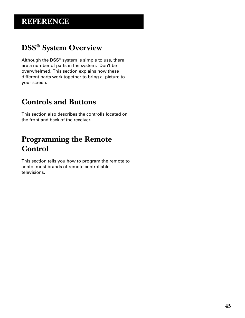 Reference, System overview, Controls and buttons | Programming the remote control | DirecTV GRD33G2A User Manual | Page 47 / 64