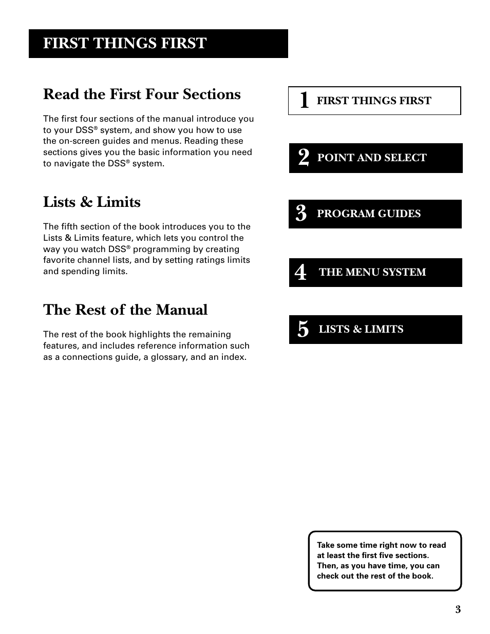 First things first, Lists & limits, The rest of the manual | DirecTV GRD33G2A User Manual | Page 5 / 64