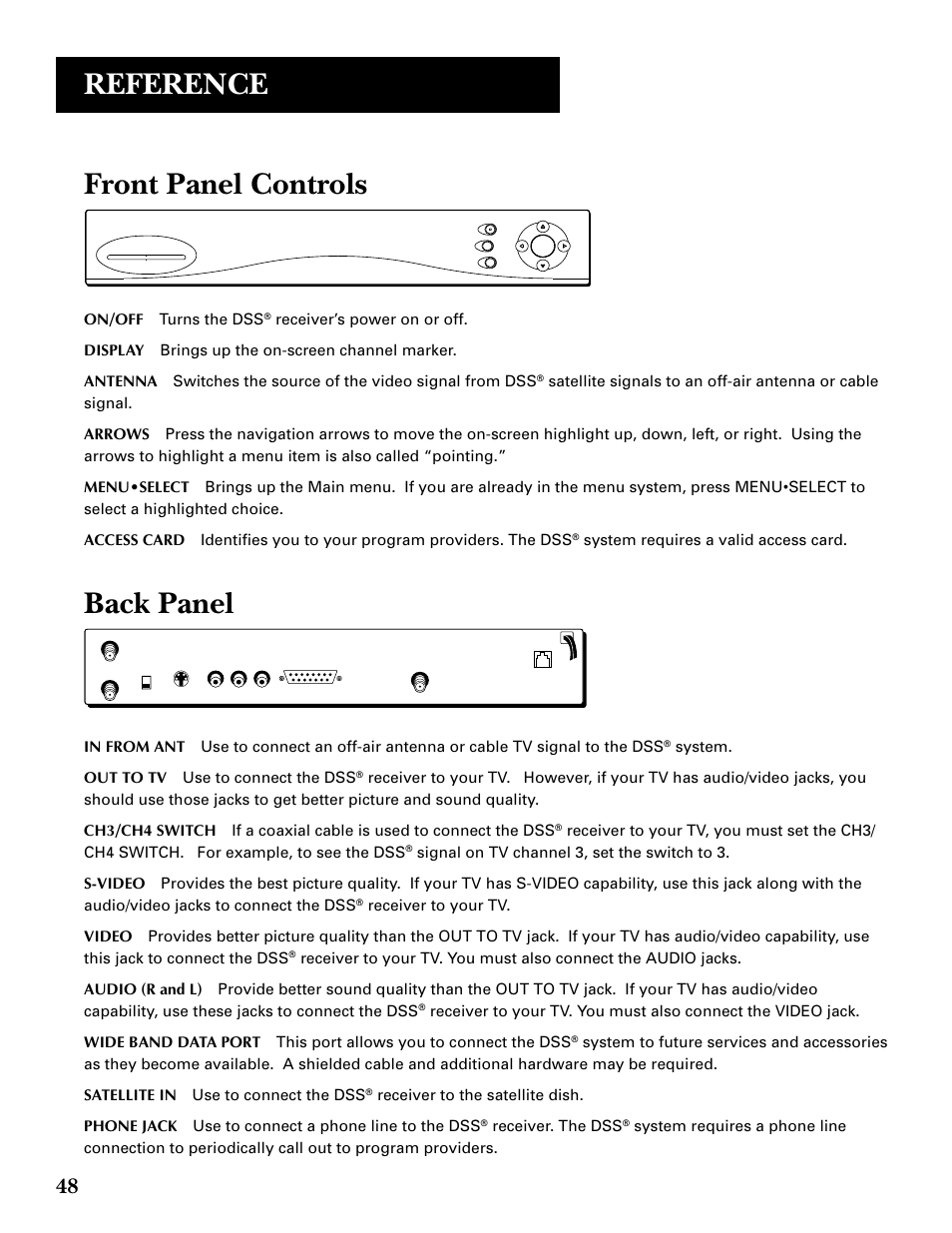 Front panel controls, Back panel, Reference | Front panel controls back panel, On/off turns the dss, System requires a valid access card, System. out to tv use to connect the dss, Receiver. the dss | DirecTV GRD33G2A User Manual | Page 50 / 64