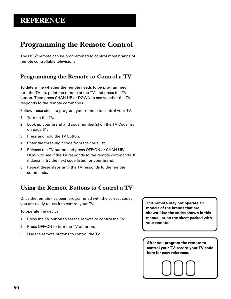 Programming the remote to control atv, Using the remote buttons to control a tv, Reference | Programming the remote control, Programming the remote to control a tv | DirecTV GRD33G2A User Manual | Page 52 / 64