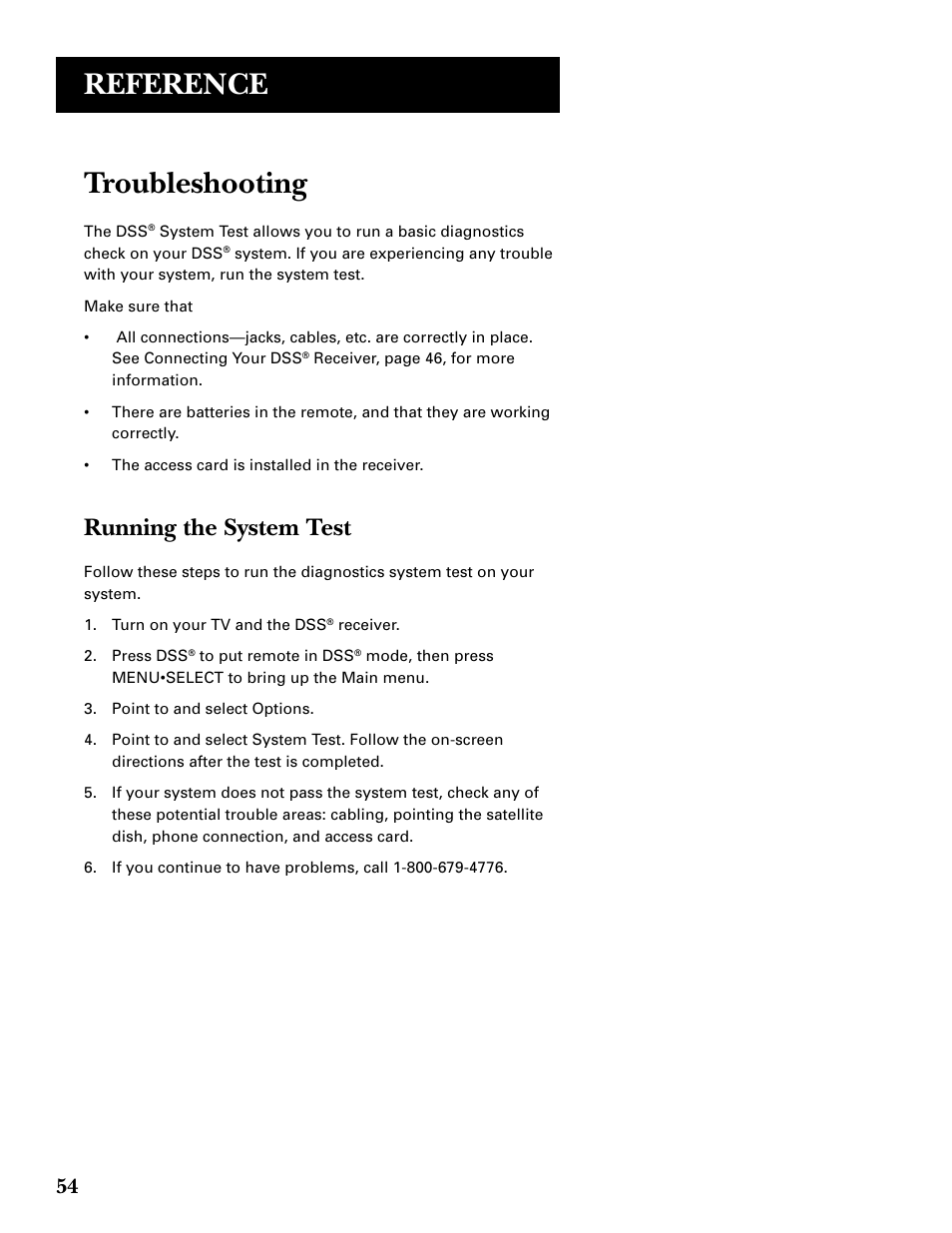Reference, Troubleshooting, Running the system test | DirecTV GRD33G2A User Manual | Page 56 / 64