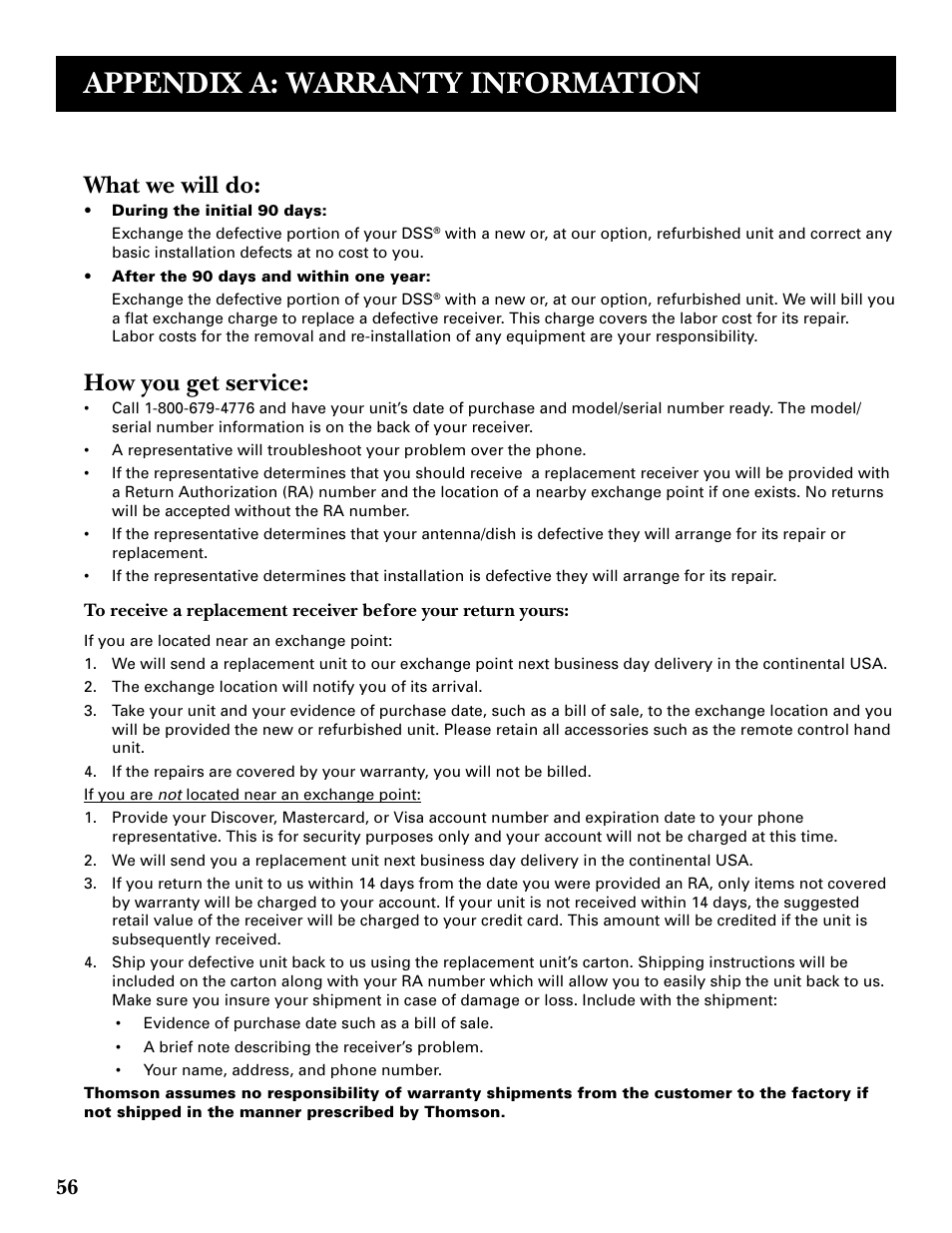 Appendix a: warranty information, What we will do, How you get service | DirecTV GRD33G2A User Manual | Page 58 / 64