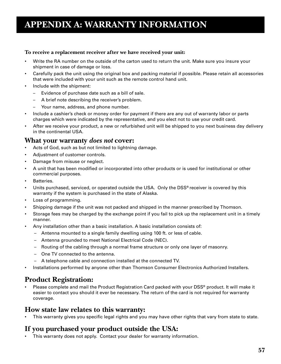 Appendix a: warranty information, What your warranty does not cover, Product registration | How state law relates to this warranty, If you purchased your product outside the usa | DirecTV GRD33G2A User Manual | Page 59 / 64