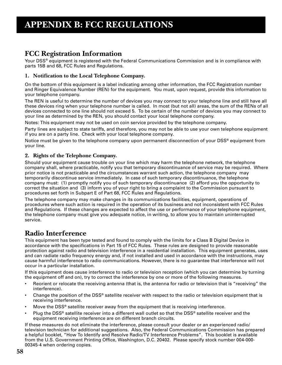 Appendix b: fcc regulations, Fcc registration information, Radio interference | DirecTV GRD33G2A User Manual | Page 60 / 64