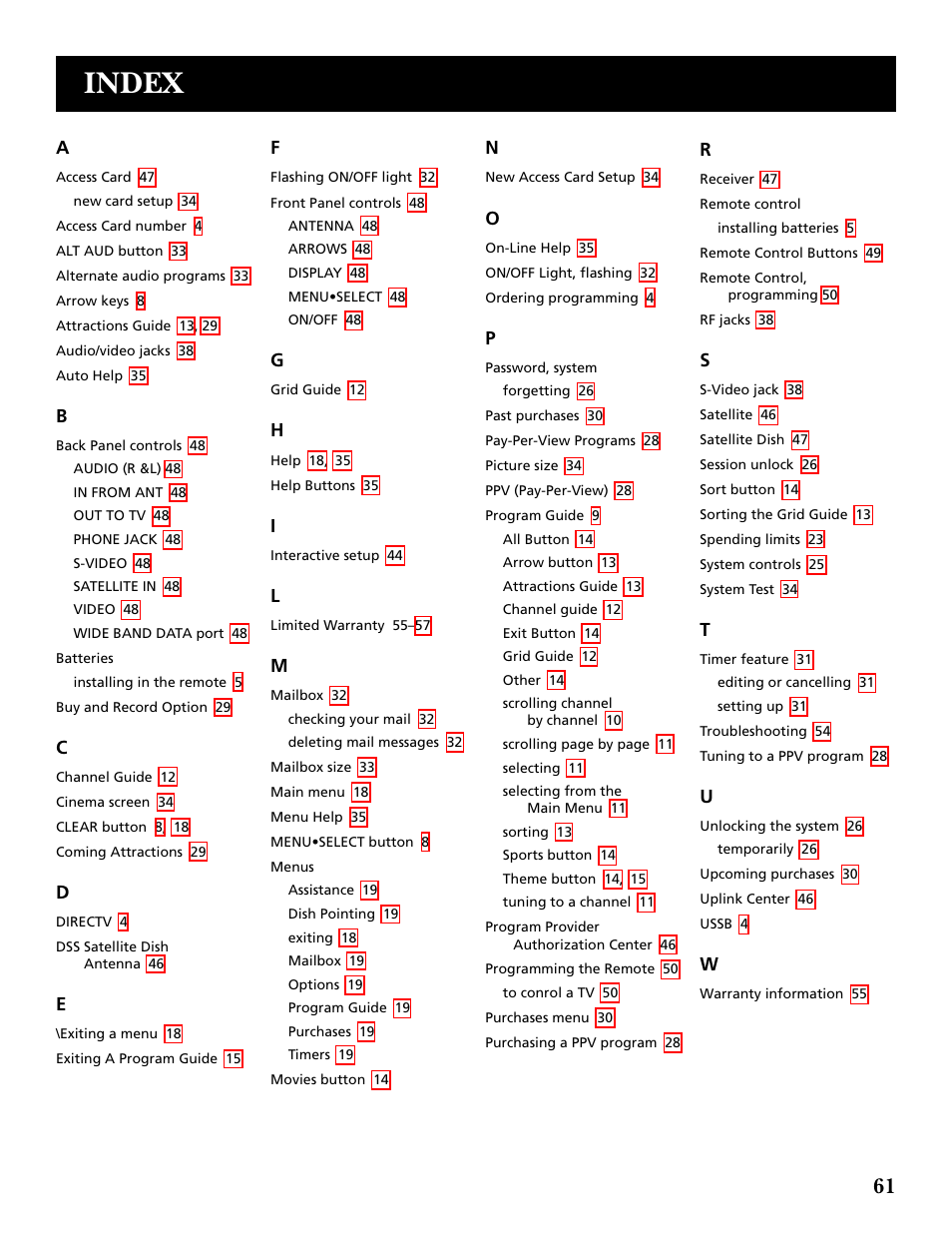 Index | DirecTV GRD33G2A User Manual | Page 63 / 64