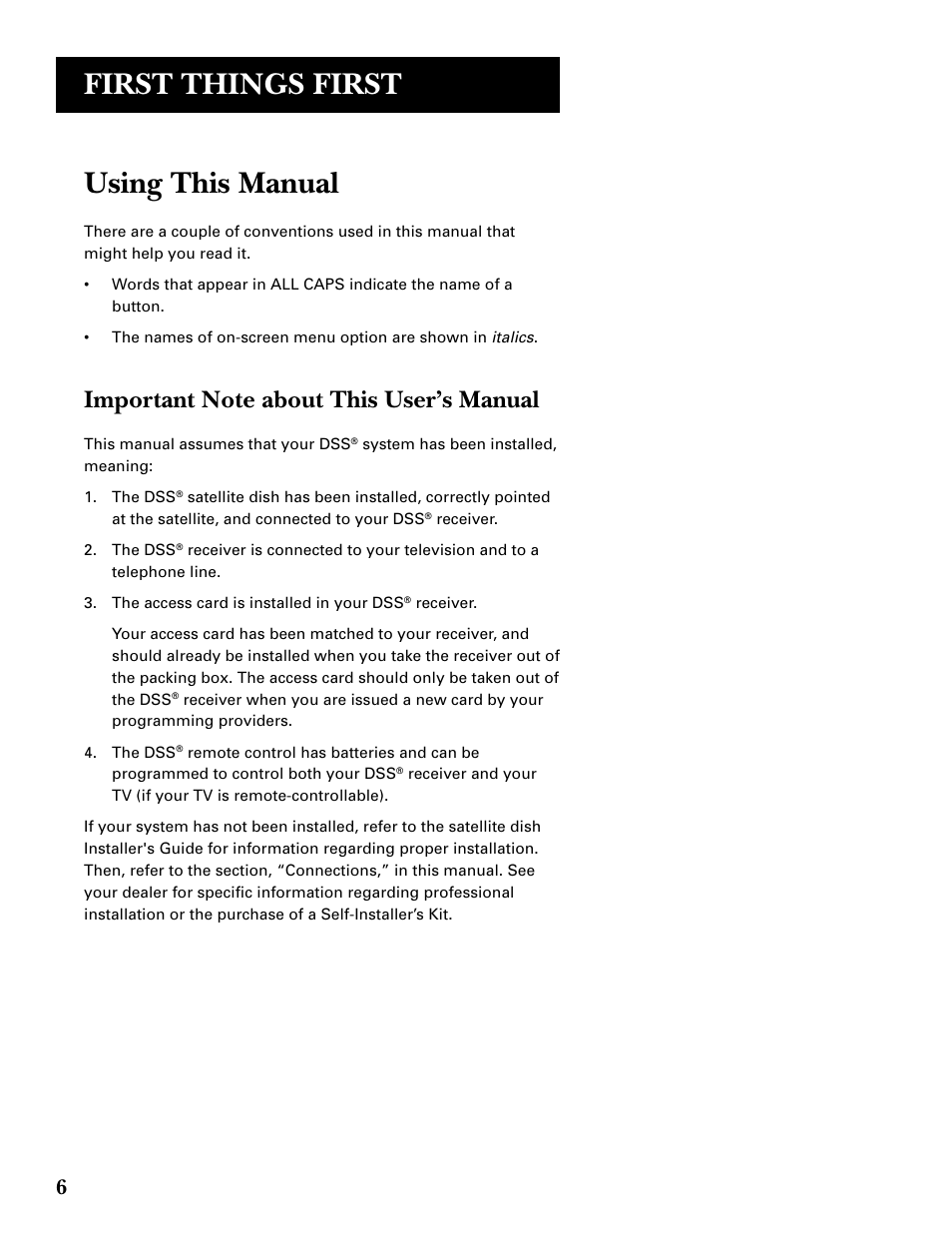 Using this manual, Important note about this user’s manual, First things first | DirecTV GRD33G2A User Manual | Page 8 / 64