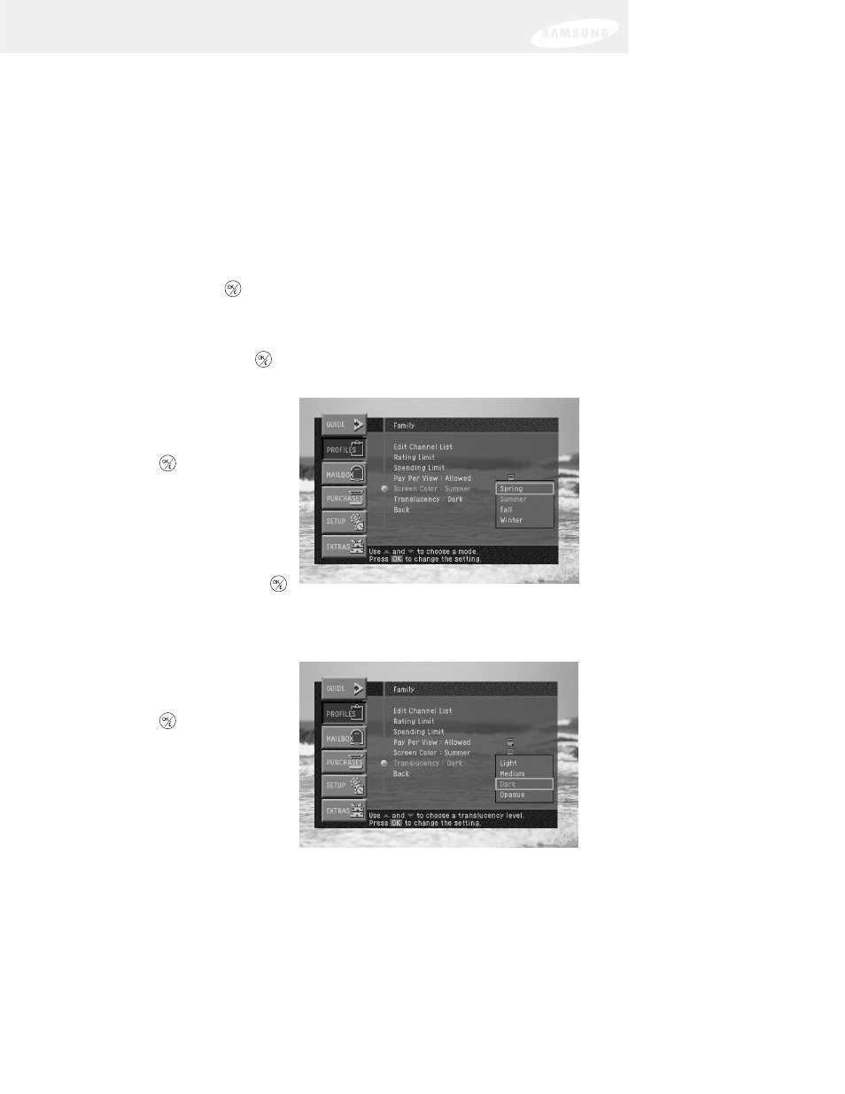 Chapter 5: user profiles, Setting the screen color and translucency | DirecTV SIR-S75 User Manual | Page 90 / 122