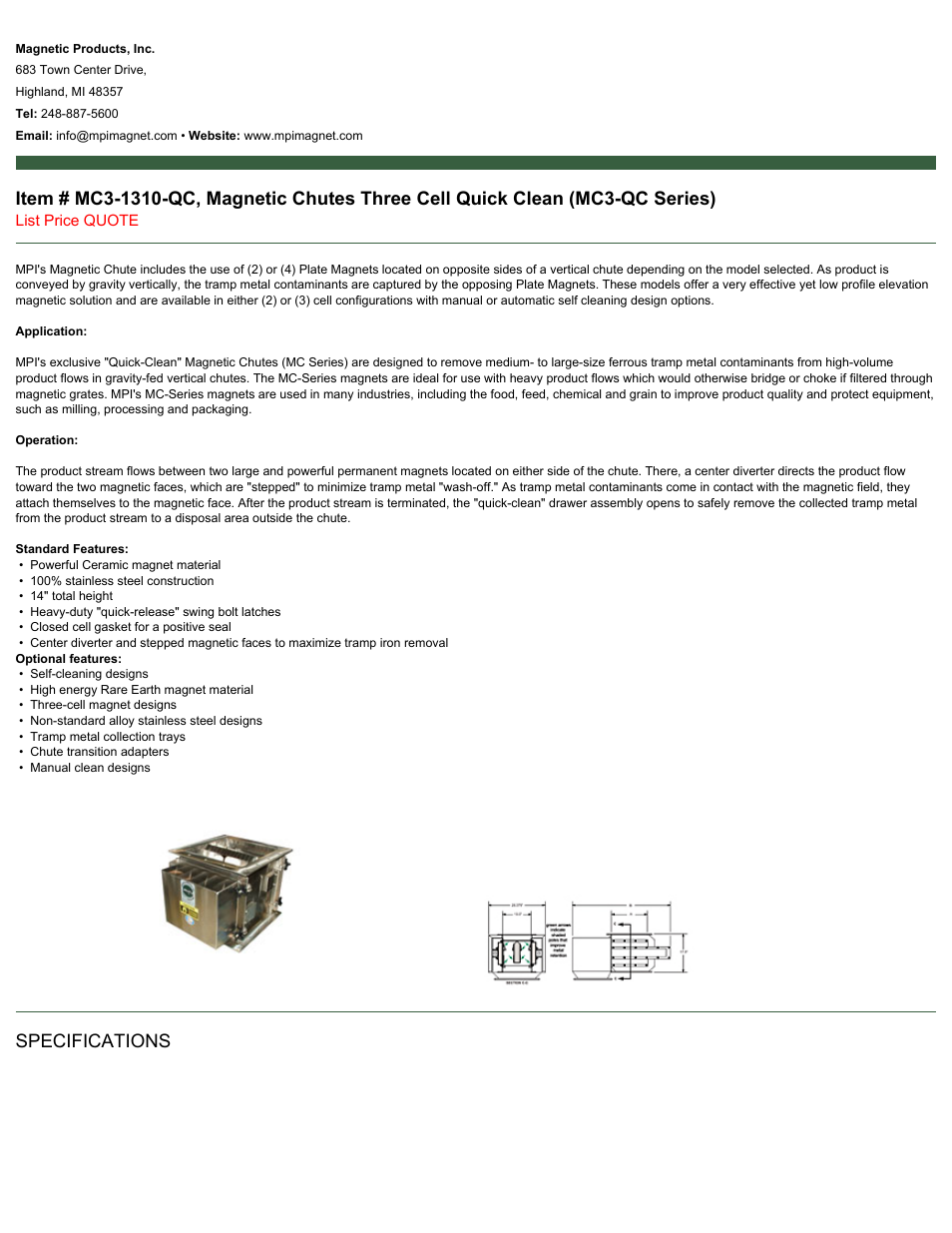 Magnetic Products MC3-1310-QC User Manual | 2 pages