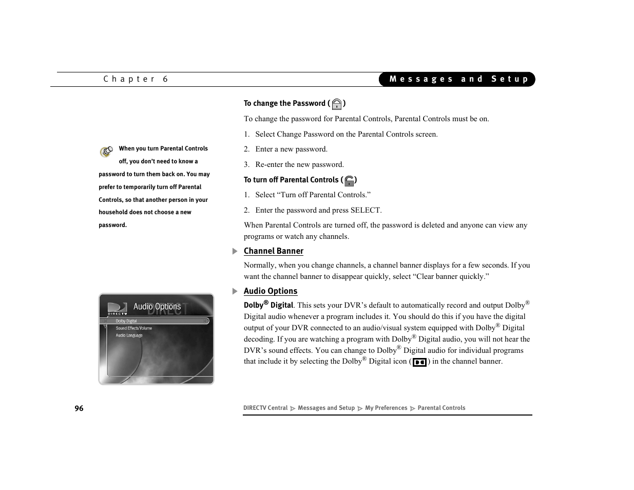 Channel banner, Audio options | DirecTV DVR39 User Manual | Page 107 / 176