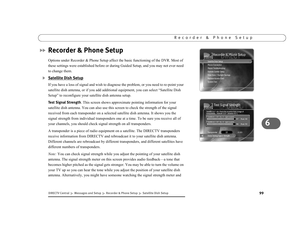 Recorder & phone setup, Satellite dish setup | DirecTV DVR39 User Manual | Page 110 / 176
