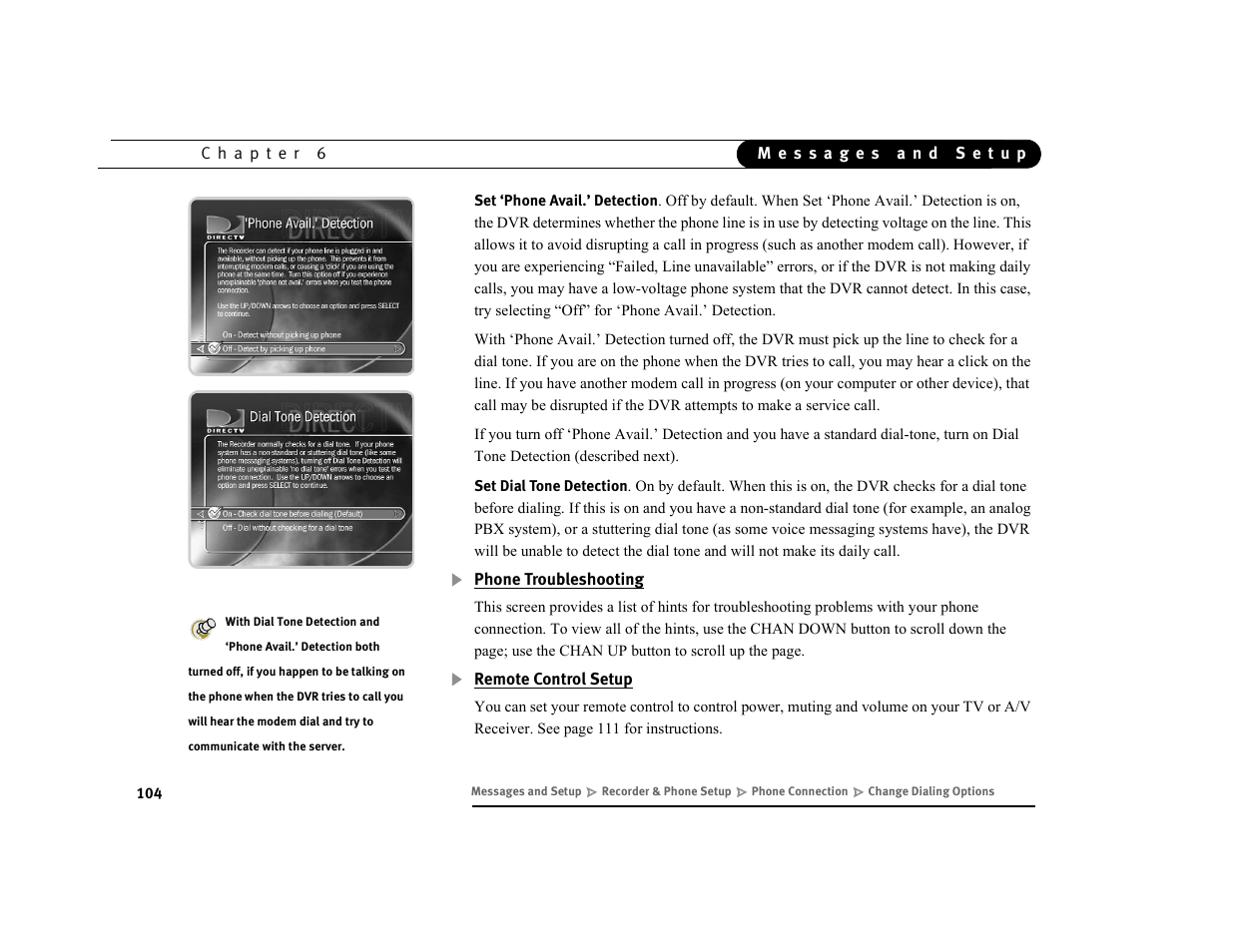 Phone troubleshooting, Remote control setup | DirecTV DVR39 User Manual | Page 115 / 176