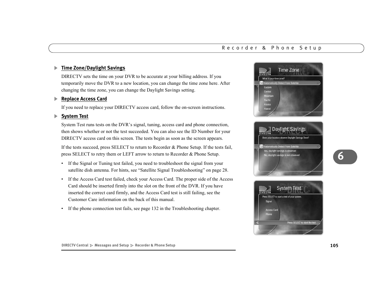 Time zone/daylight savings, Replace access card, System test | DirecTV DVR39 User Manual | Page 116 / 176