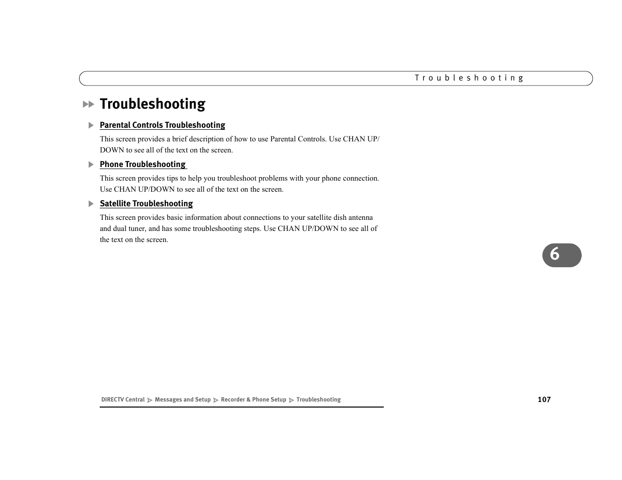 Troubleshooting, Parental controls troubleshooting, Phone troubleshooting | Satellite troubleshooting | DirecTV DVR39 User Manual | Page 118 / 176