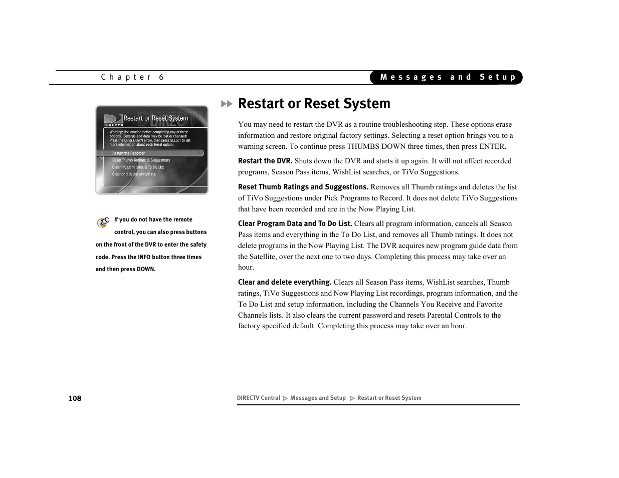 Restart or reset system | DirecTV DVR39 User Manual | Page 119 / 176