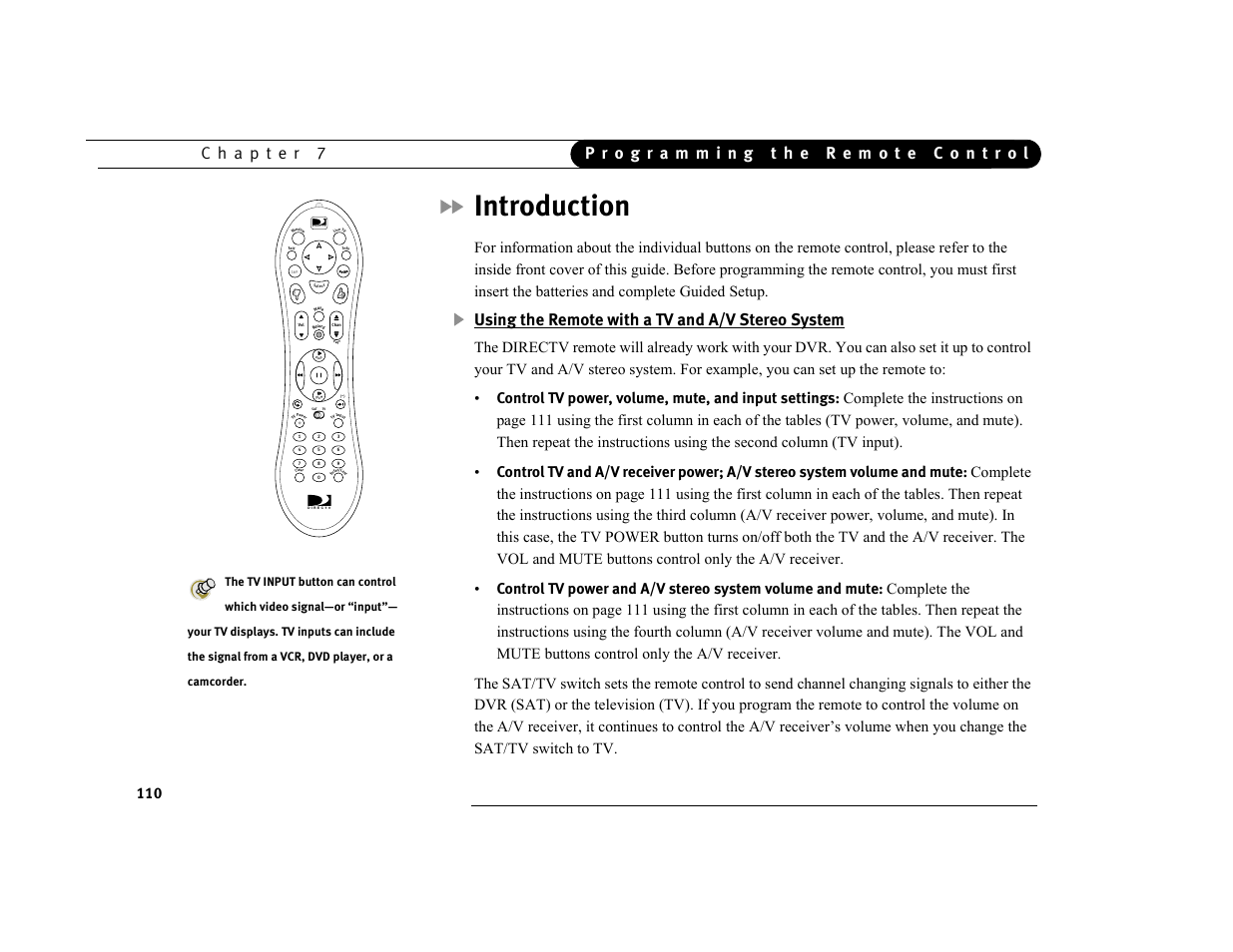 Introduction, Using the remote with a tv and a/v stereo system | DirecTV DVR39 User Manual | Page 121 / 176