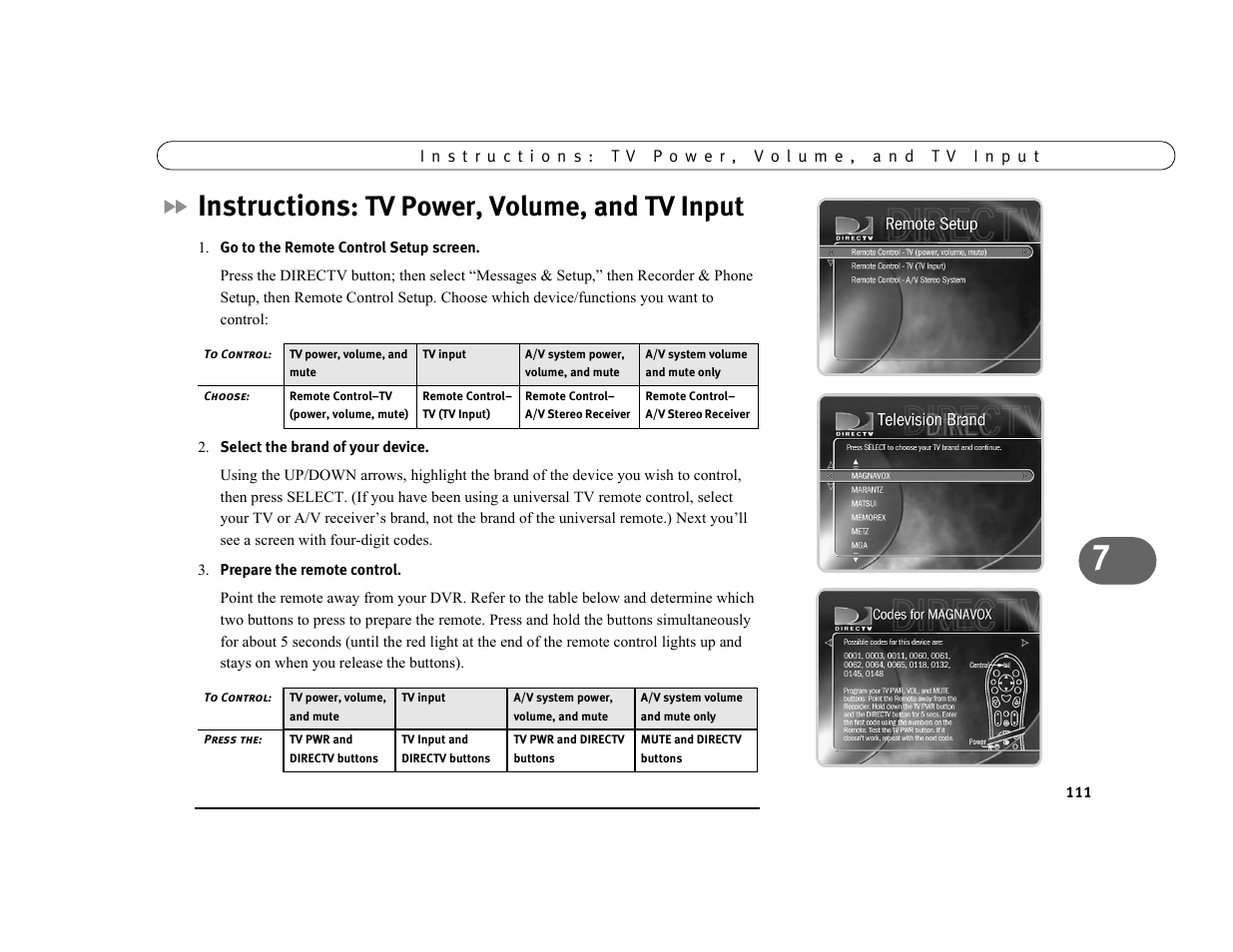 Instructions: tv power, volume, and tv input, Instructions, Tv power, volume, and tv input | DirecTV DVR39 User Manual | Page 122 / 176