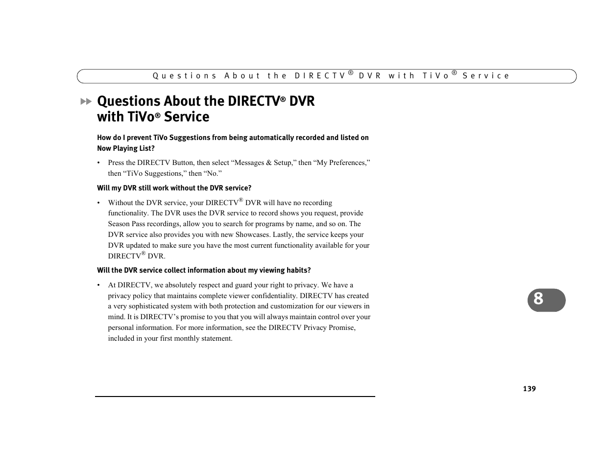 Questions about the directv, Dvr with tivo, Service | DirecTV DVR39 User Manual | Page 150 / 176