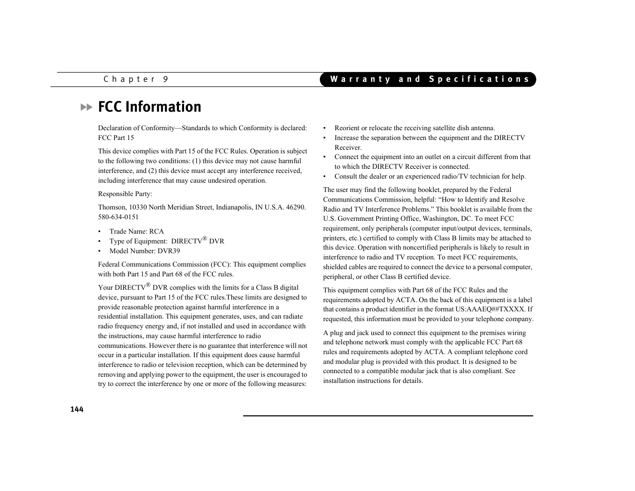 Fcc information | DirecTV DVR39 User Manual | Page 155 / 176