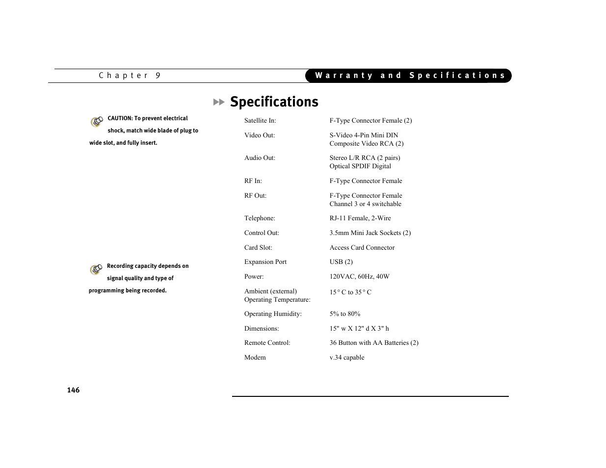 Specifications | DirecTV DVR39 User Manual | Page 157 / 176