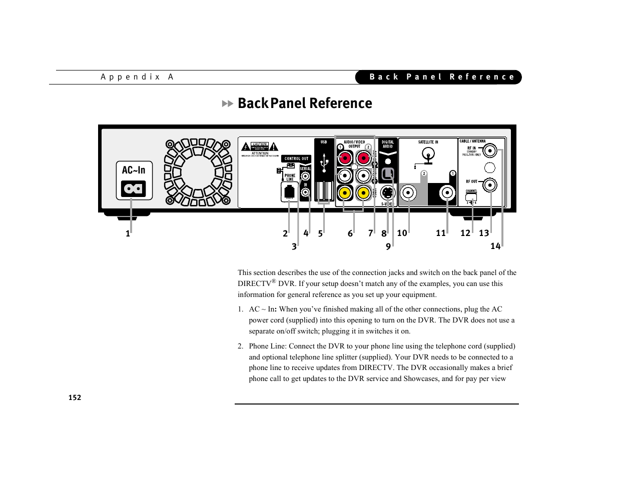 Back panel reference, Back, Panel reference | Ac~in | DirecTV DVR39 User Manual | Page 163 / 176