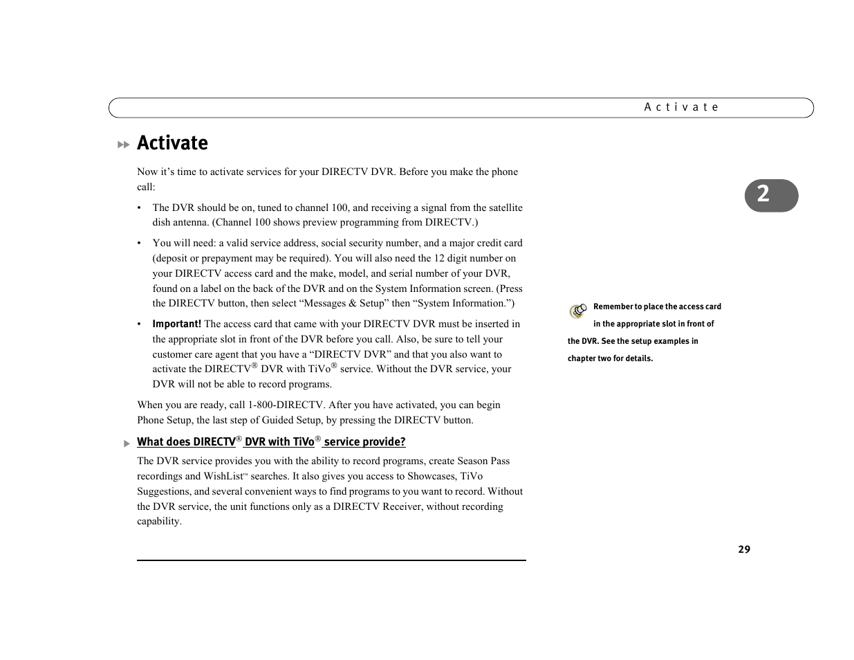 Activate, What does directv“ dvr with tivo“ service provide | DirecTV DVR39 User Manual | Page 40 / 176