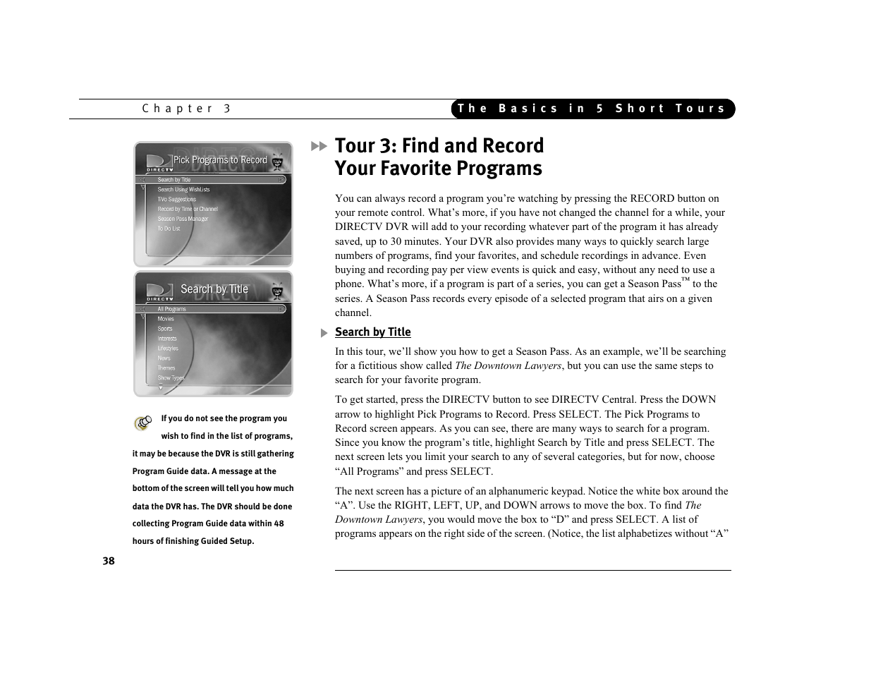 Tour 3: find and record your favorite programs, Search by title | DirecTV DVR39 User Manual | Page 49 / 176