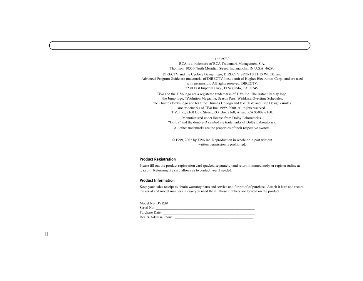 Product registration, Product information | DirecTV DVR39 User Manual | Page 5 / 176