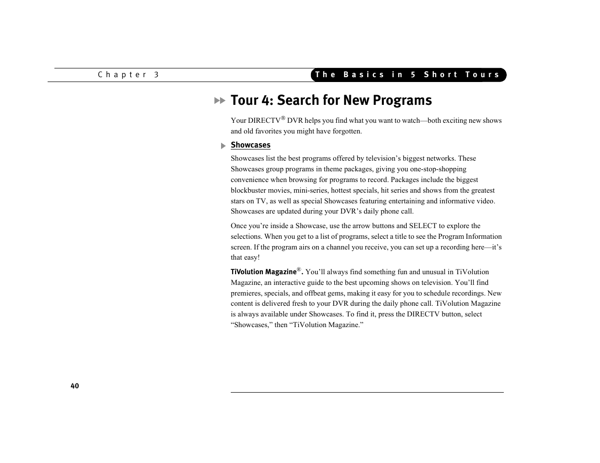 Tour 4: search for new programs, Showcases | DirecTV DVR39 User Manual | Page 51 / 176