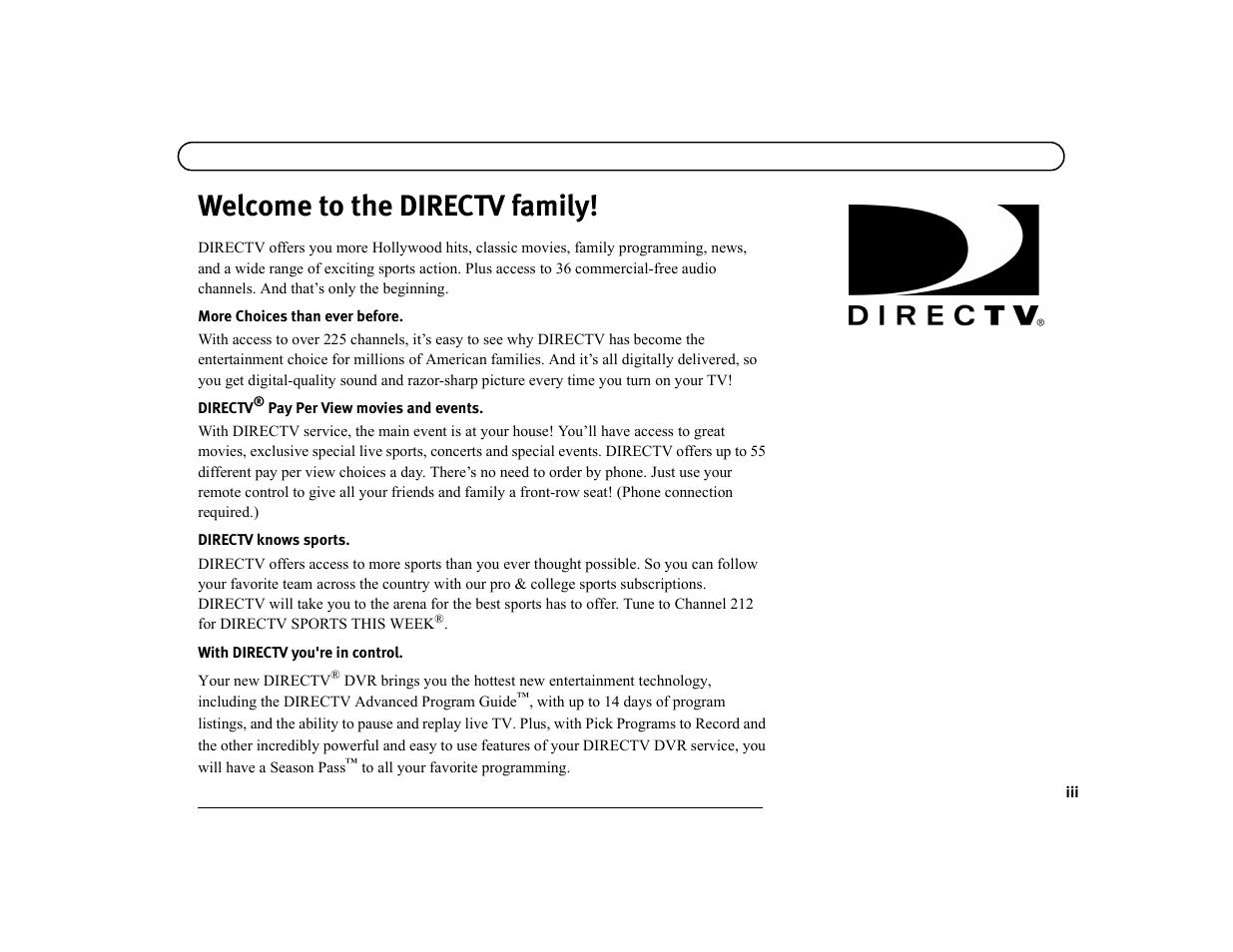 Welcome to the directv family | DirecTV DVR39 User Manual | Page 6 / 176