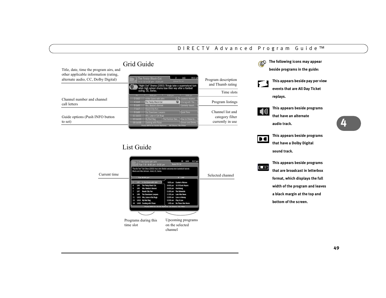 Grid guide, List guide | DirecTV DVR39 User Manual | Page 60 / 176