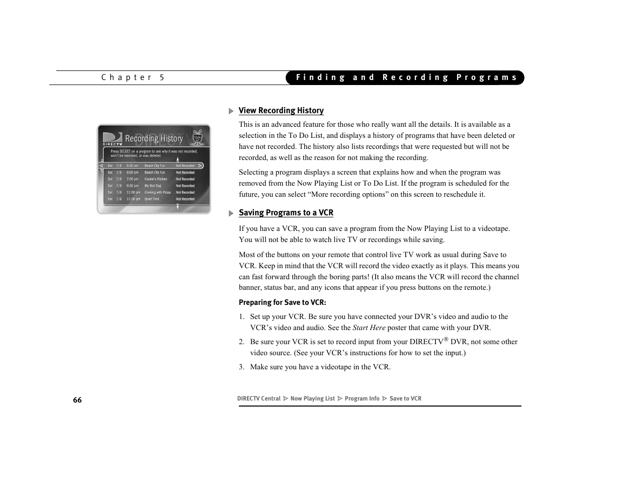 View recording history, Saving programs to a vcr | DirecTV DVR39 User Manual | Page 77 / 176