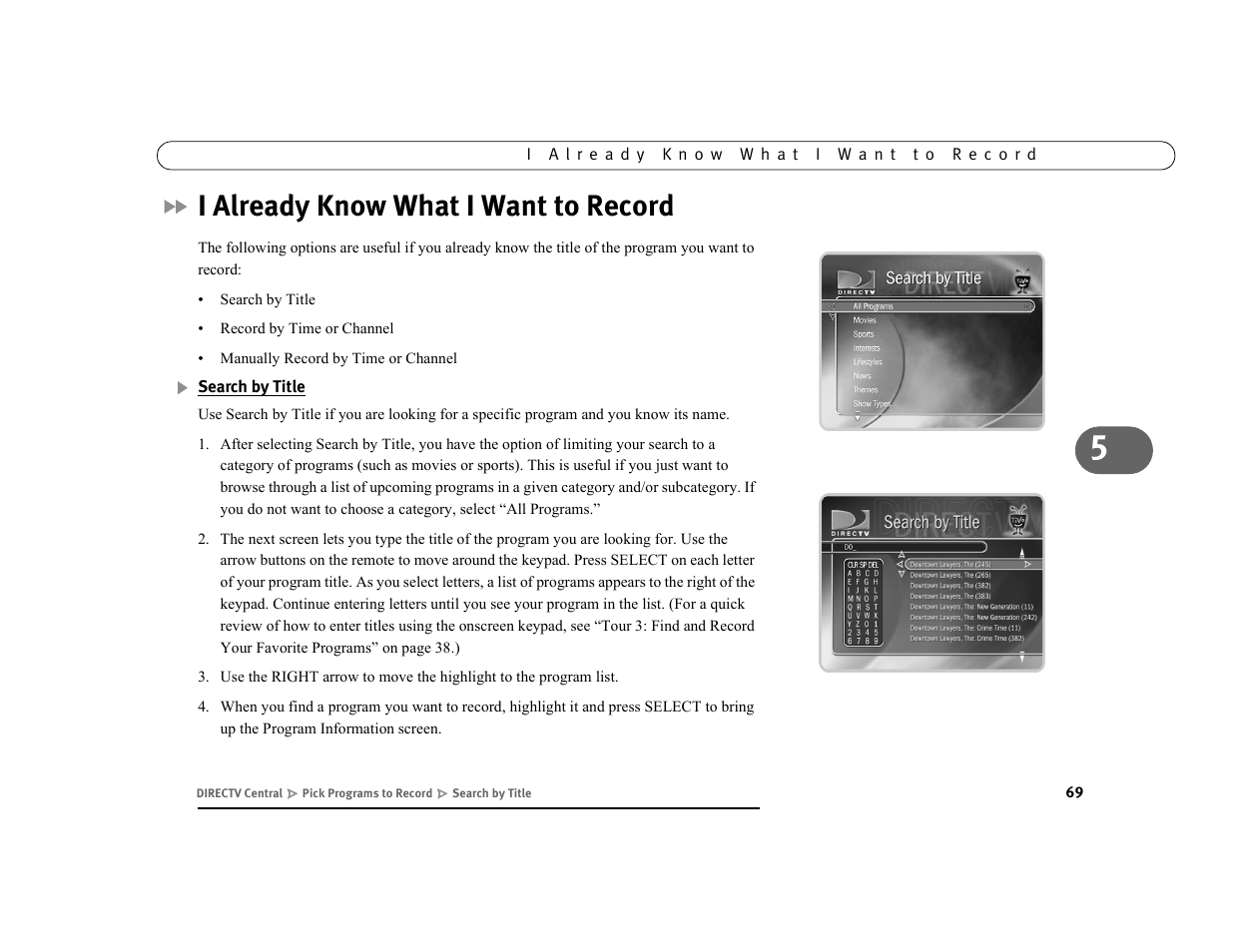 I already know what i want to record, Search by title | DirecTV DVR39 User Manual | Page 80 / 176